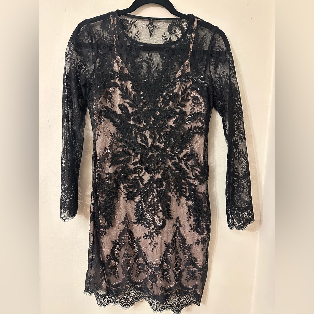 Express Black Lace Overlay Dress with Blush Lining